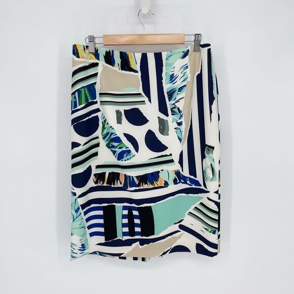 Per Se Abstract Pencil Skirt High Rise Stretch Crepe Green White Black Women 10 - Picture 1 of 6